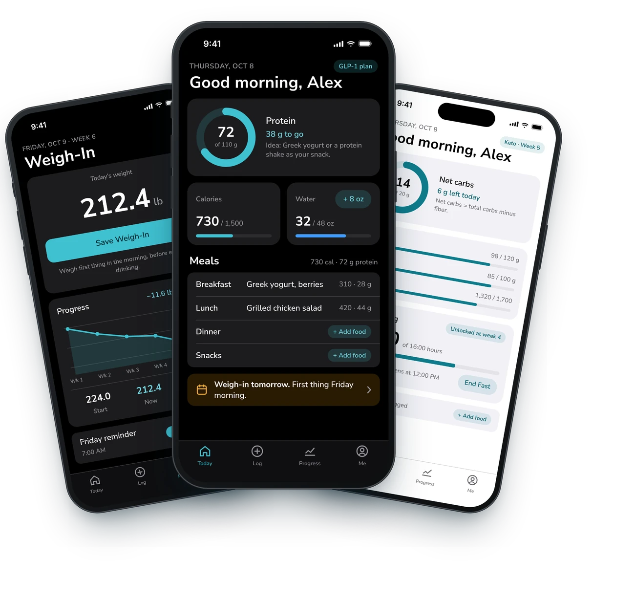 Strivora weight loss tracker app in dark and light mode showing weigh-in and daily progress