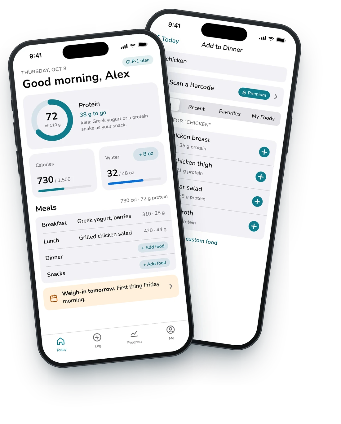 Strivora weight loss tracker app on two iPhones showing the Today screen and food log