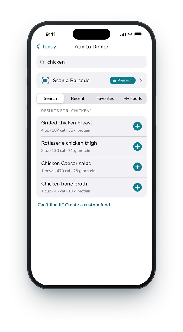 Searching and logging food in the Strivora app
