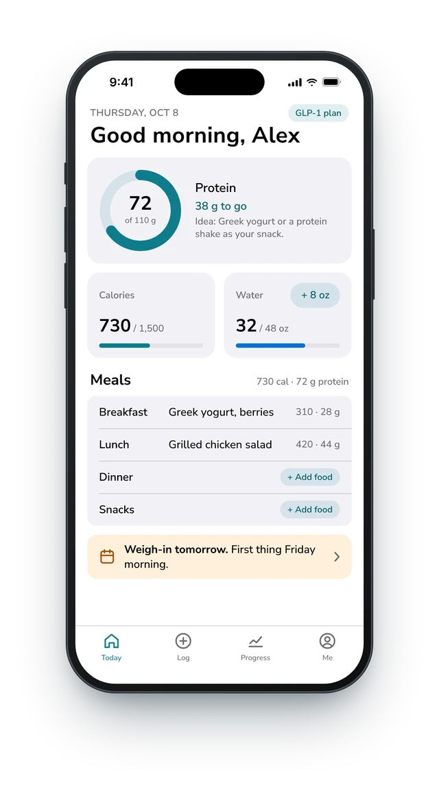 Strivora Today screen with calories, protein and water progress
